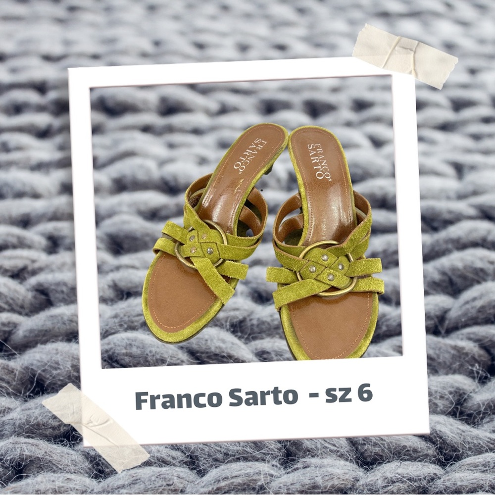 Avocado Green Leather Mules with Brass Decal, 3 1/4" Heels, Size 6